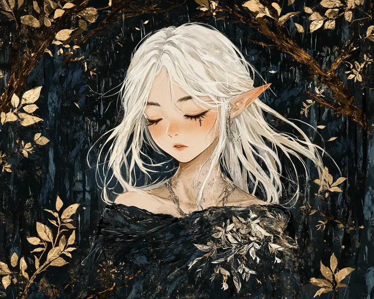 Young japanese sorceress in a rainy post apocalyptic forest