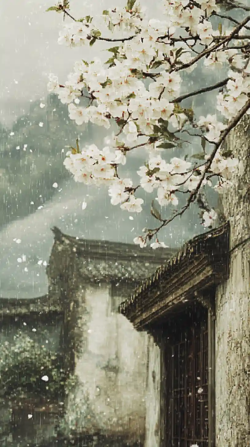White blossoms on a rustic branch in an ancient village