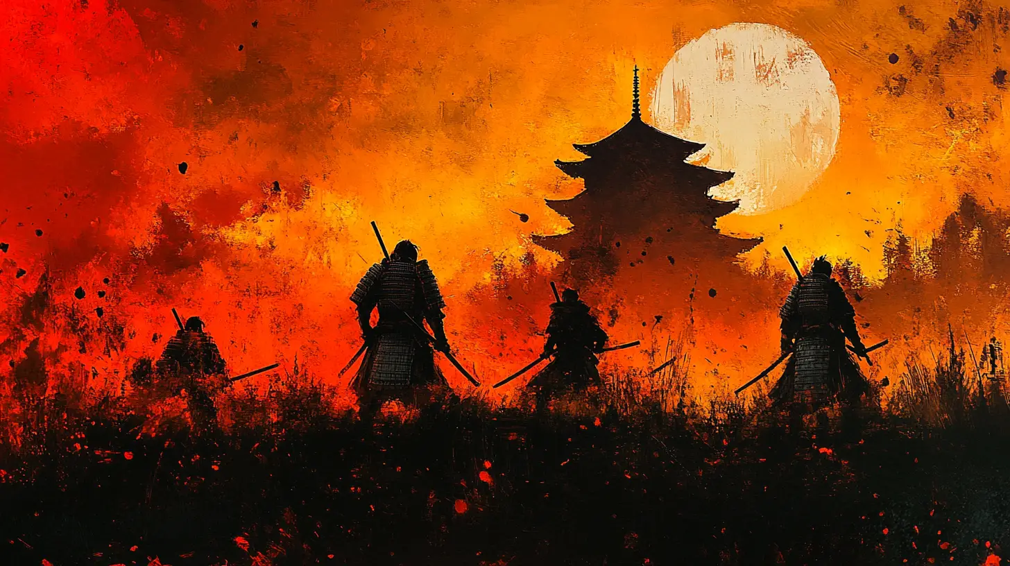 Samurai statues battling on a mystical fantasy chessboard