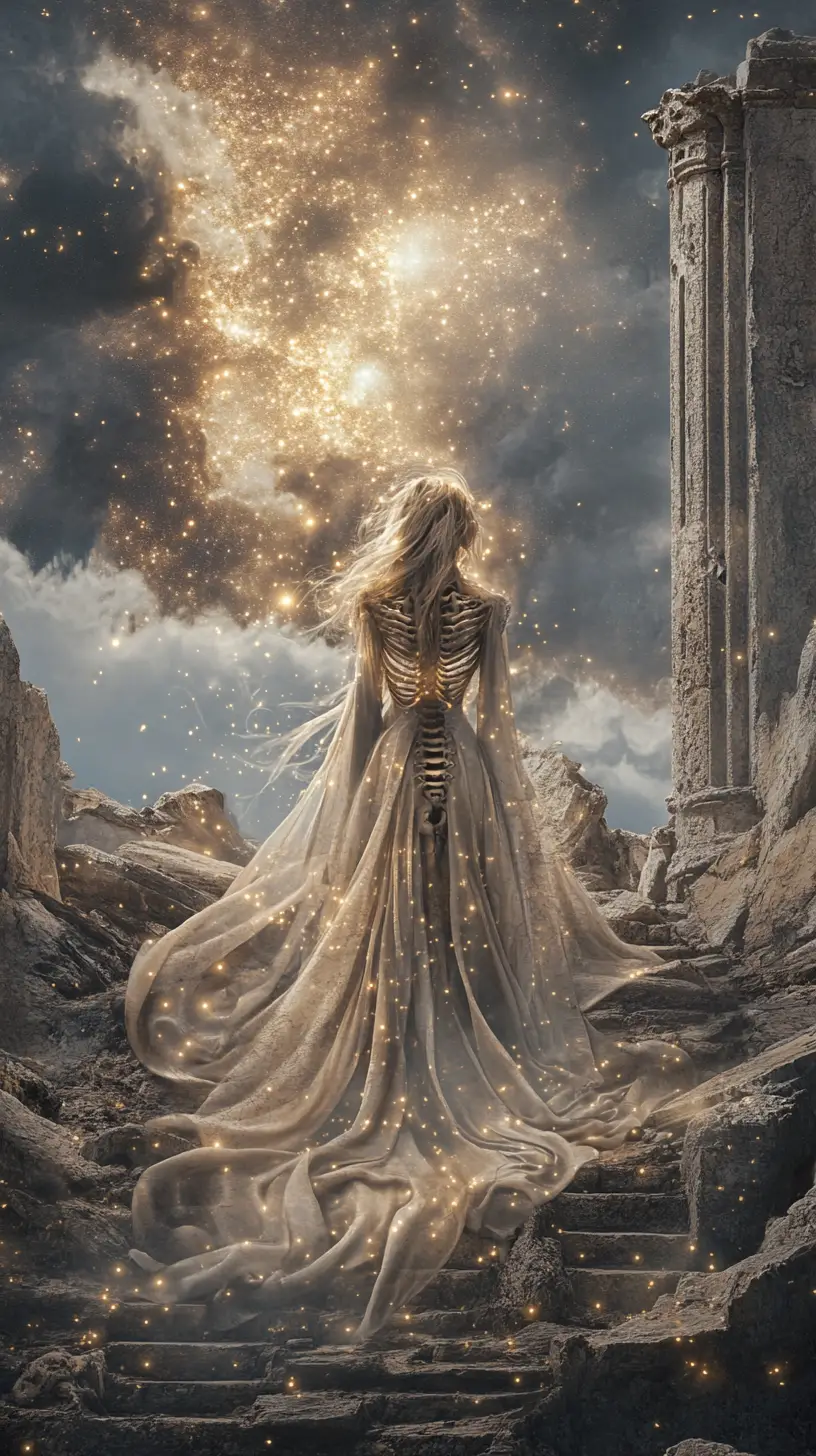 Mystical gothic woman in ancient celestial ruins