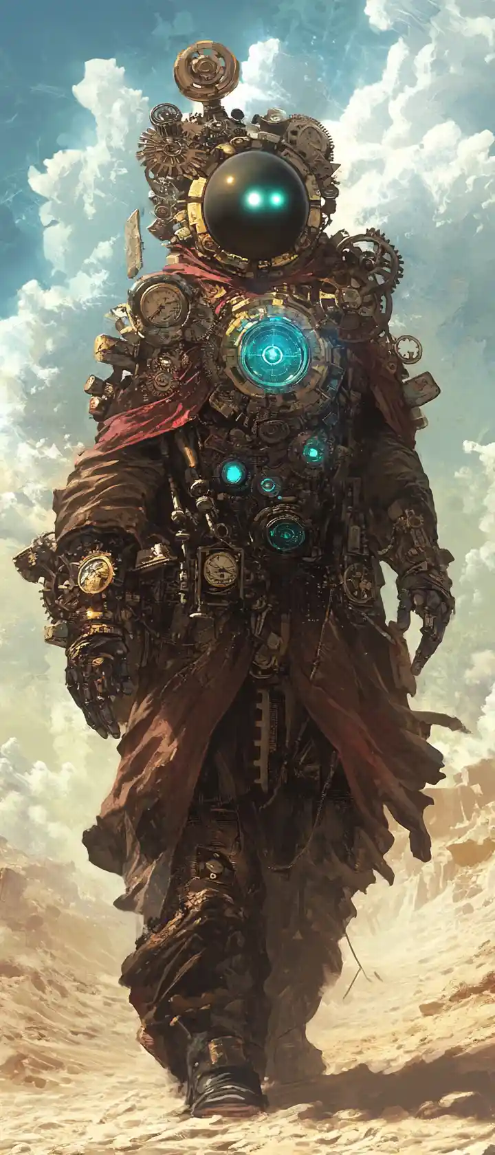 Temporal spirit in desert of hourglasses under broken sky