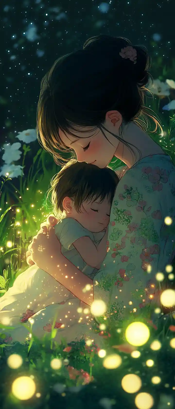 Mother Cradling Sleeping Child In Moonlit Firefly Meadow