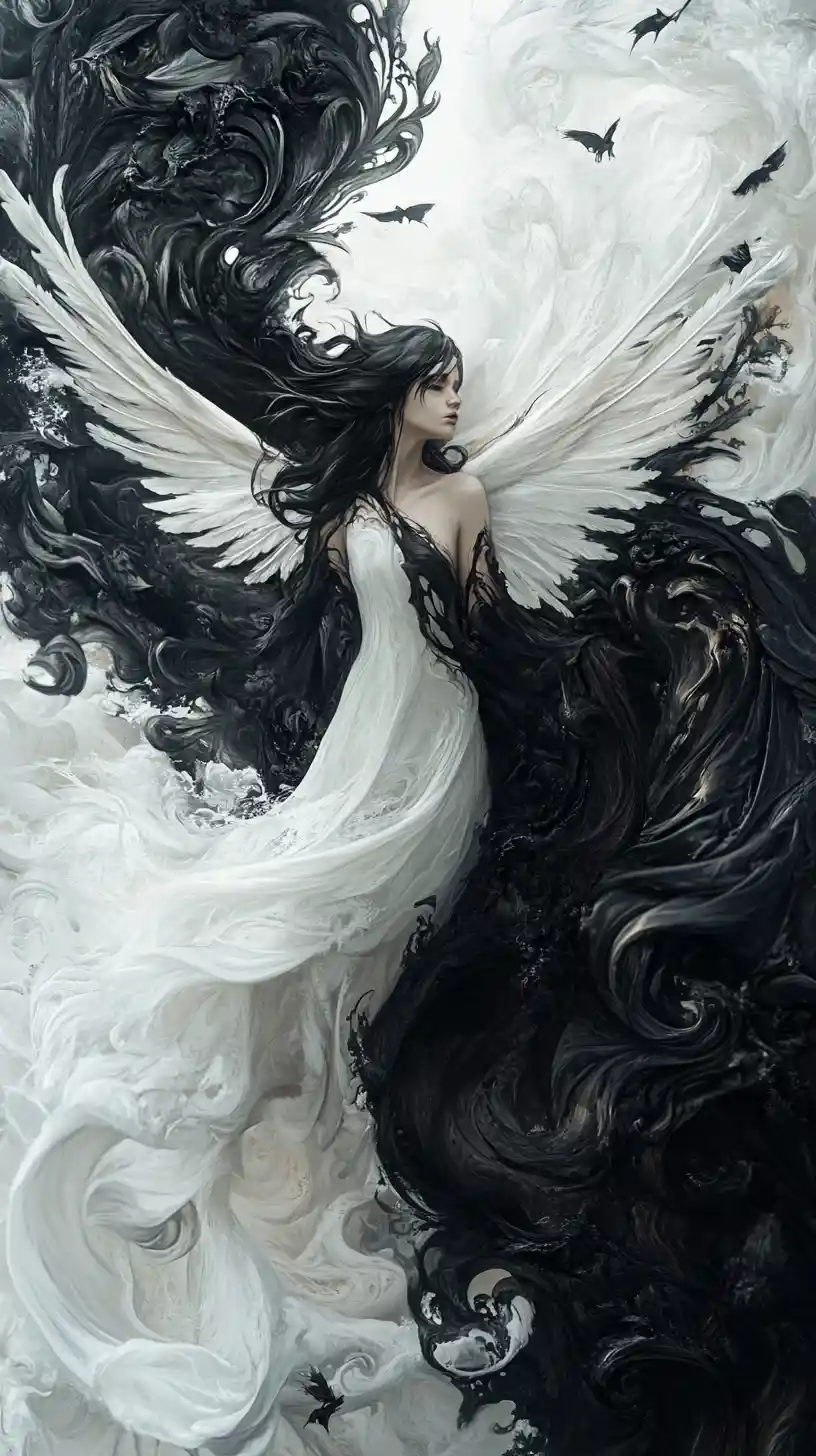 Ethereal gothic angel in swirling ink smoke