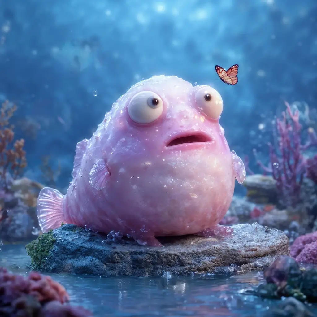 Pink blobfish surprised by butterfly in blue ocean