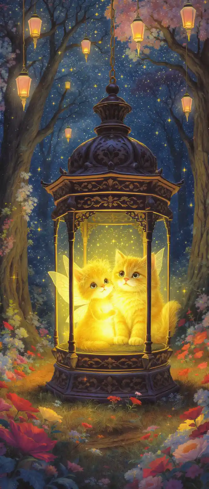 Glowing Fairy And Kitten In Enchanted Lantern Forest