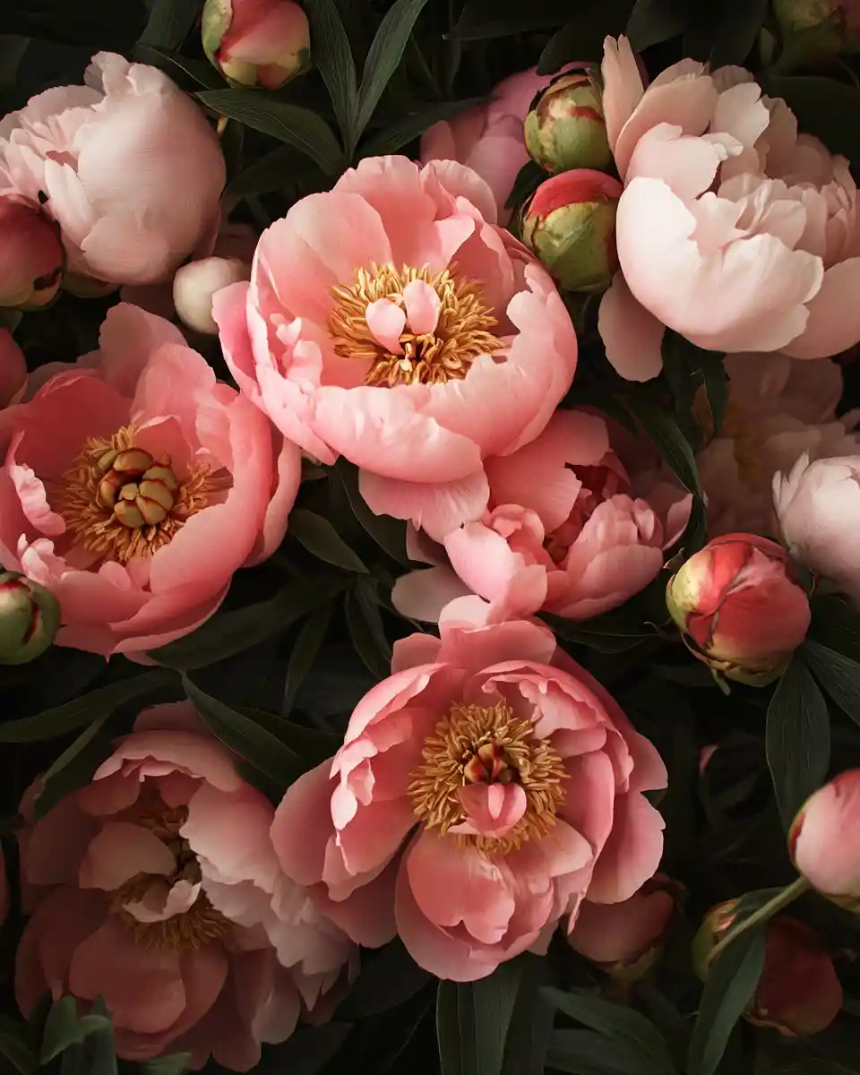 Golden hour peony bouquet in full frame close up