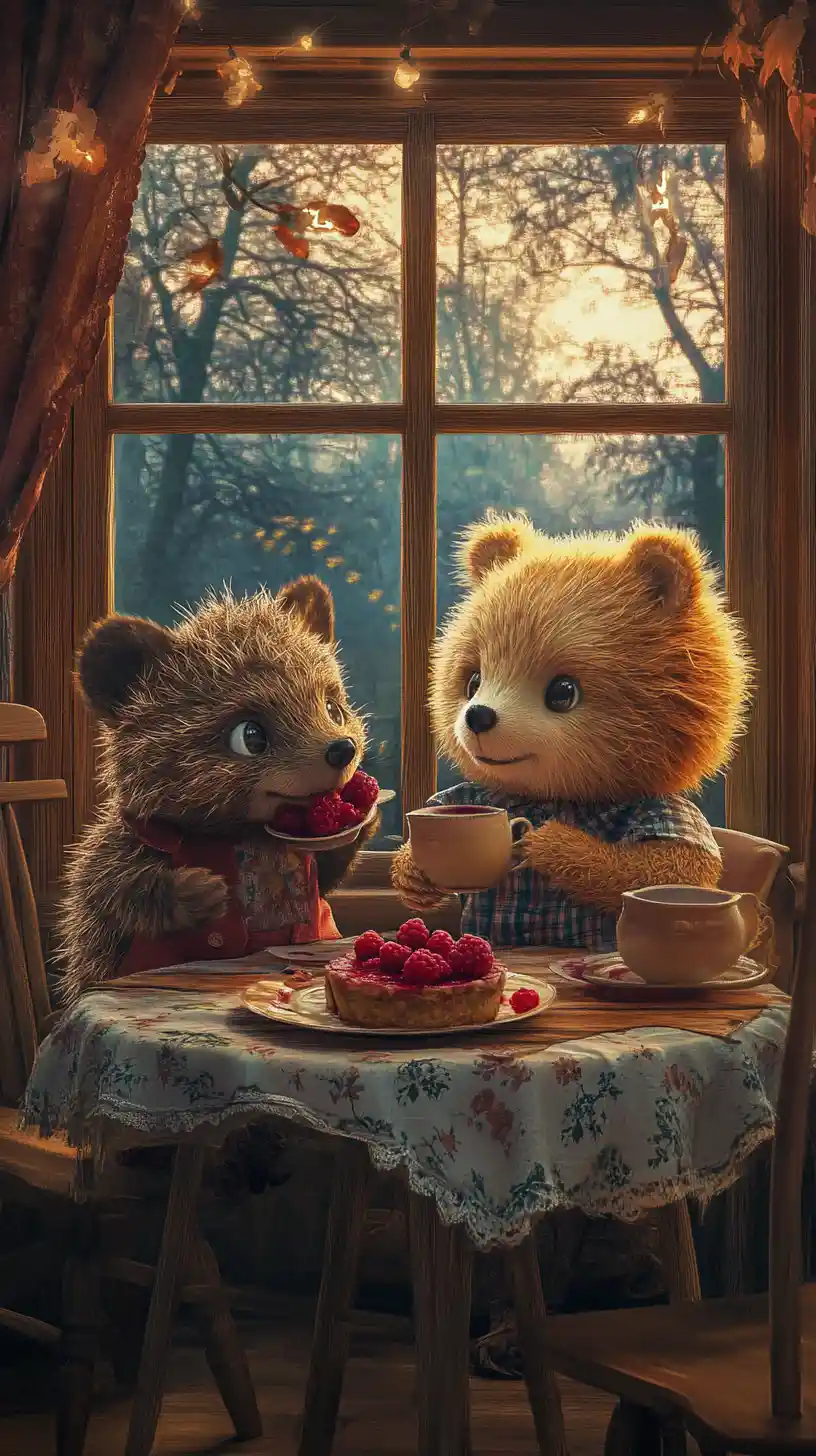 Teddy bear and hedgehog sharing tea in cozy vintage kitchen