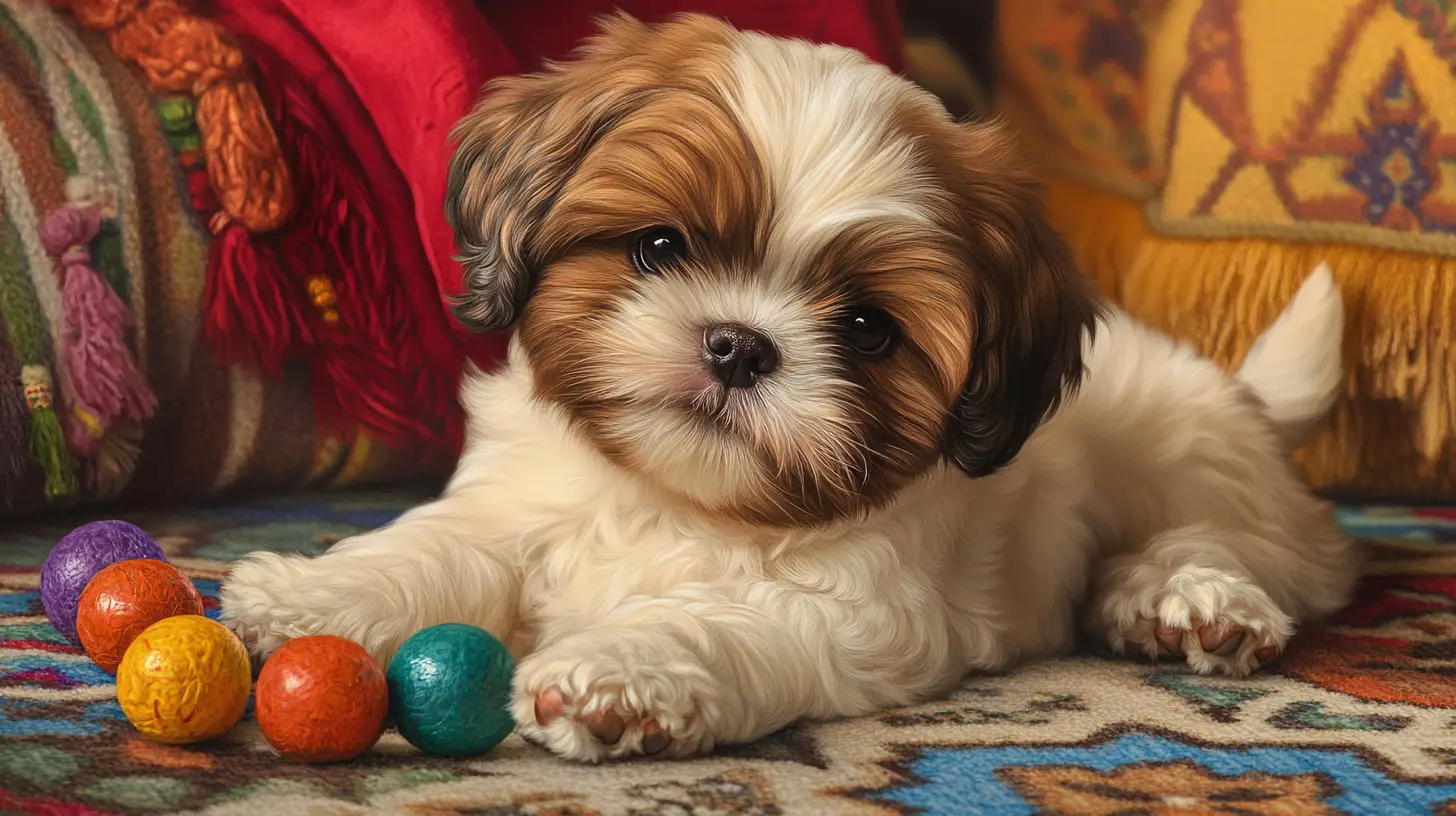 Shih Tzu puppy relaxing on colorful Moroccan style rug