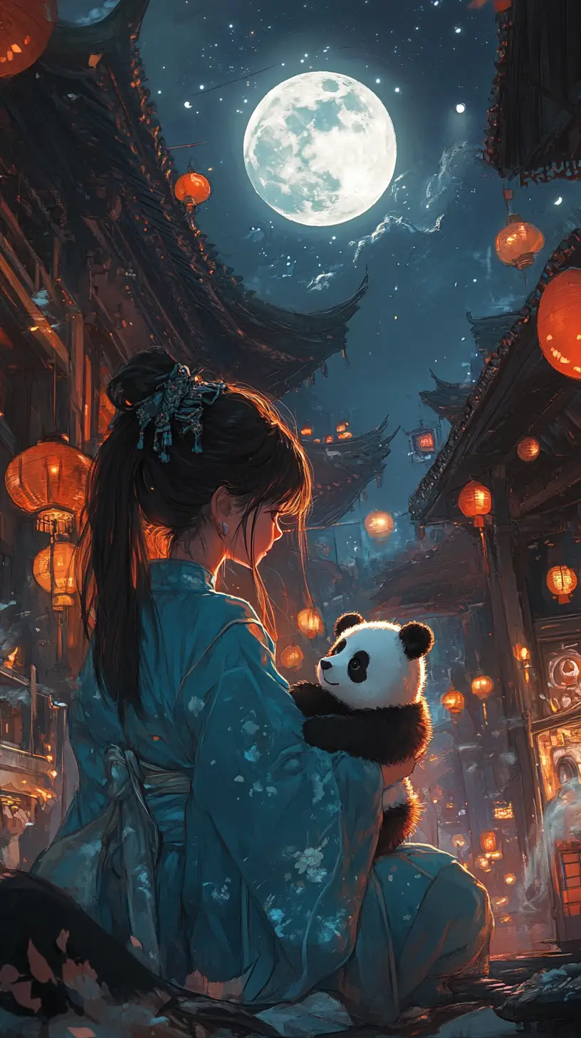 月明かりの寺院でパンダと一緒の可愛いアジア系の女の子