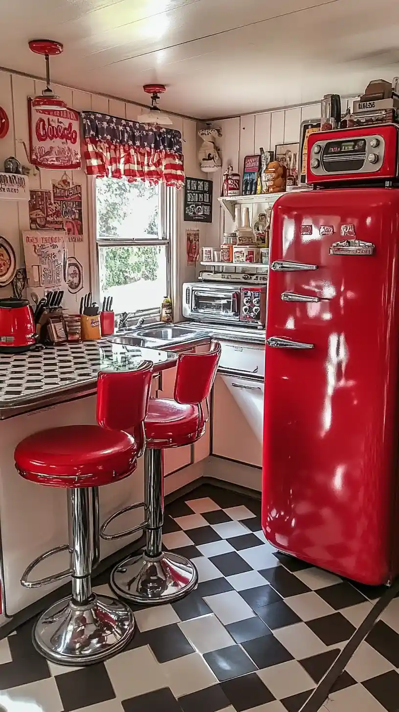Retro american diner kitchen with red fridge and stools