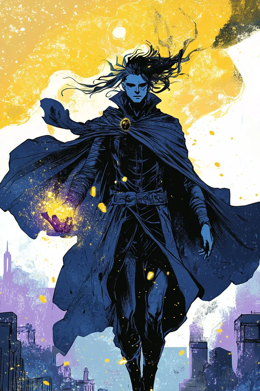 Tall cosmic figure in billowing star filled cloak illustration