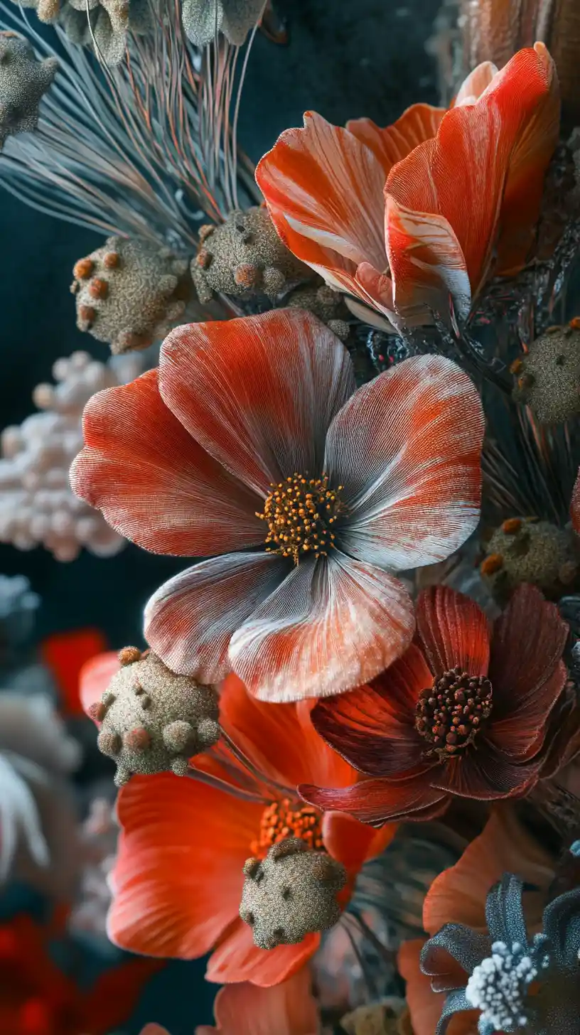 Macro photo of a robotic floral bouquet with metallic petals