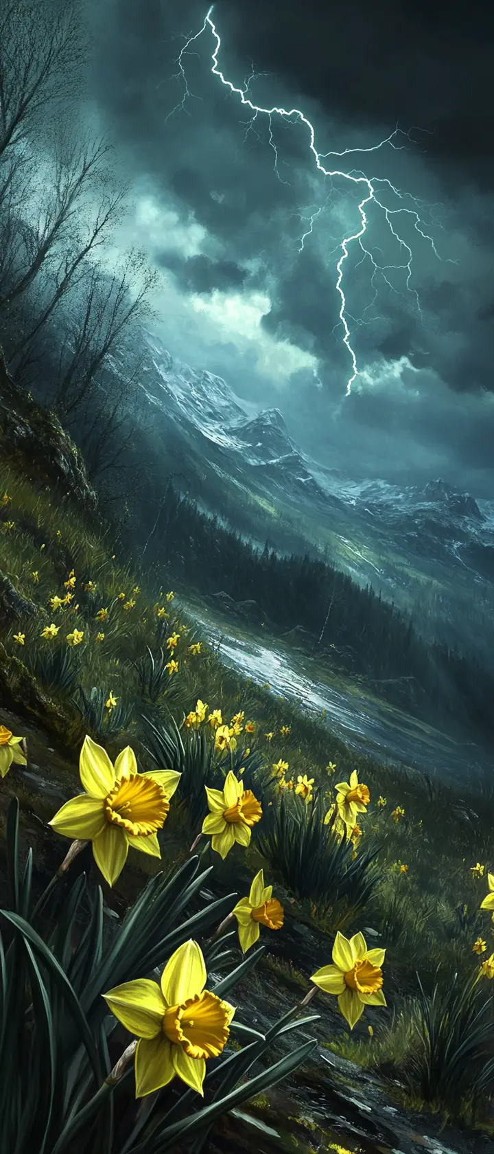 Daffodils In A Garden Under Stormy Lightning