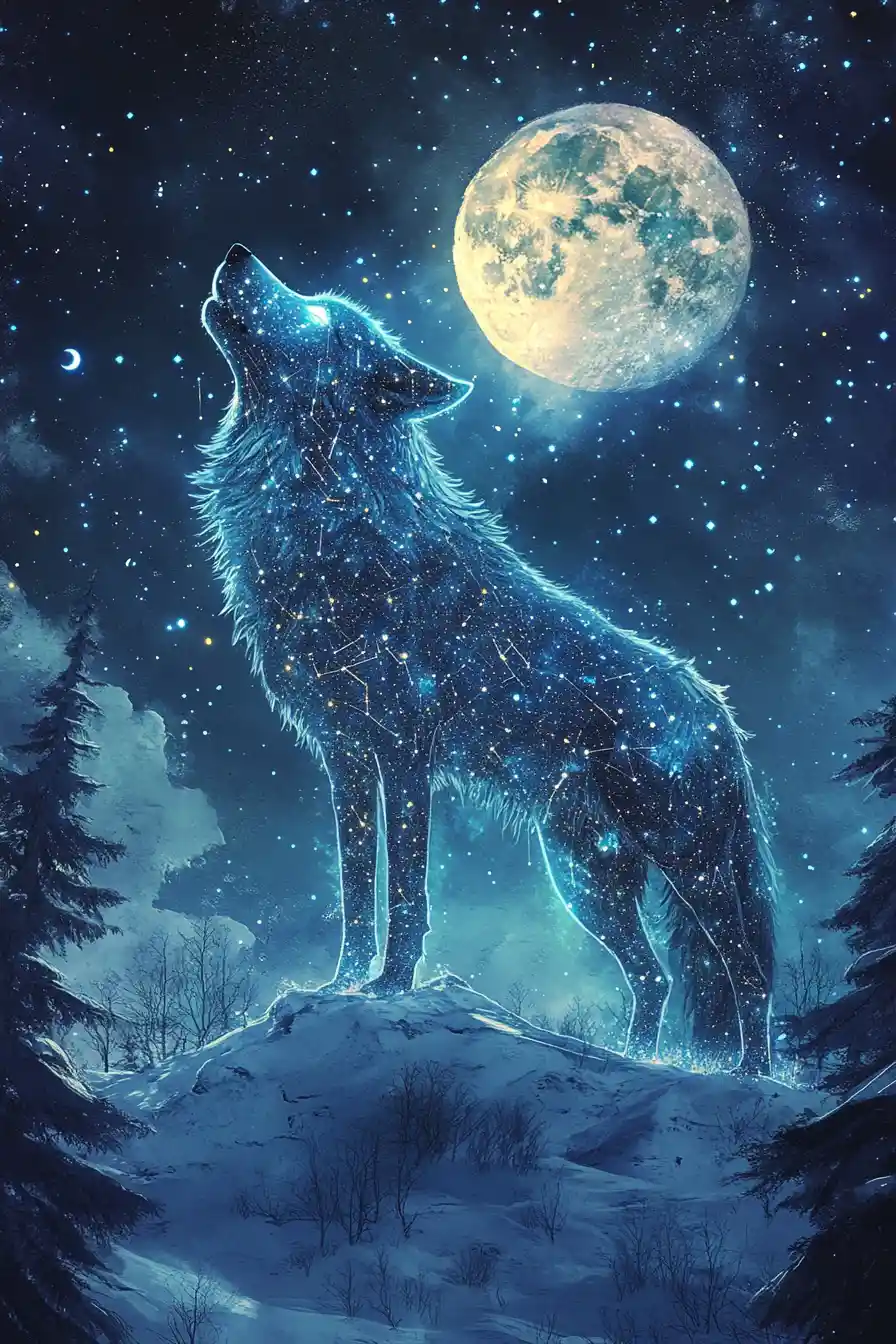 Cosmic wolf of stars howling on snowy mountain peak