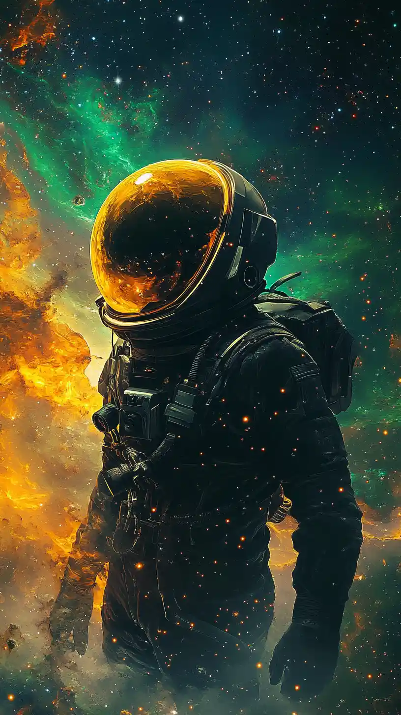 Lone astronaut drifting in glowing cosmic nebula