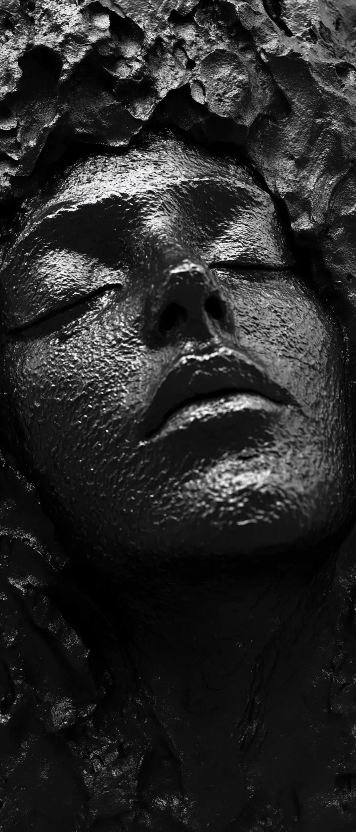 Abstract black face sculpture emerging from swirling darkness