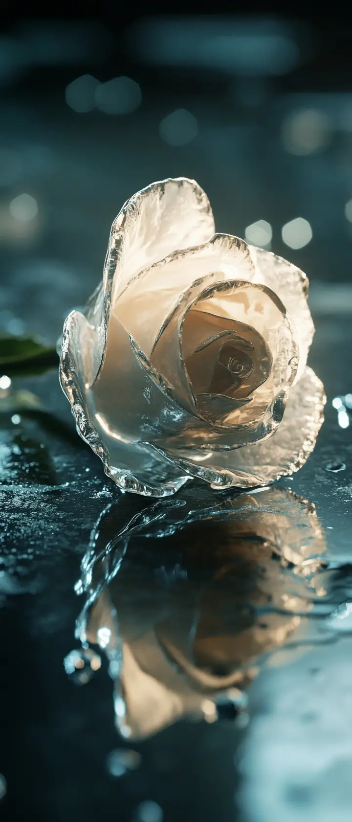 Ice Rose Bloom Melting On Black Table In Sunlight