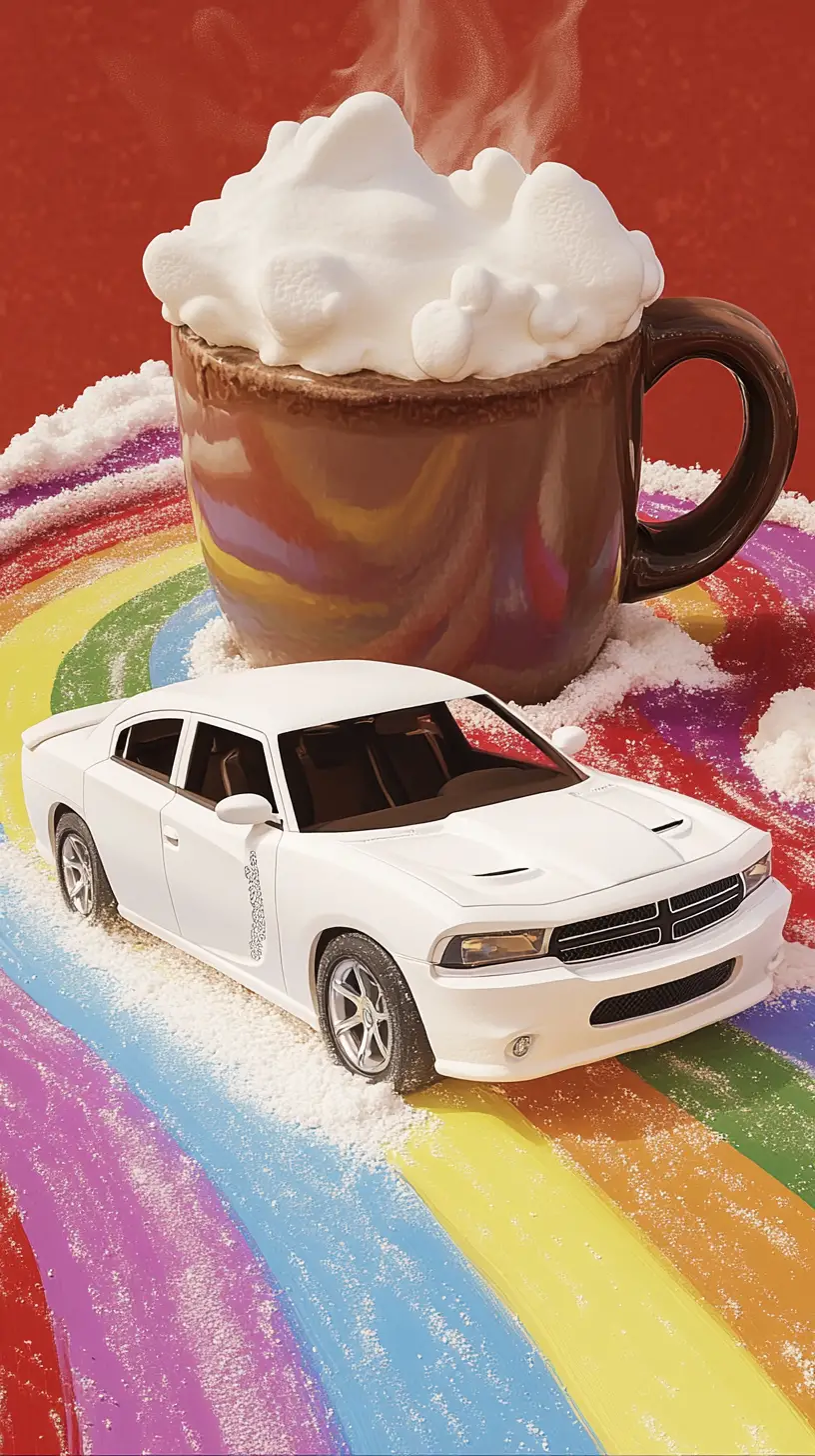 Marshmallow muscle car driving on a radiant rainbow road