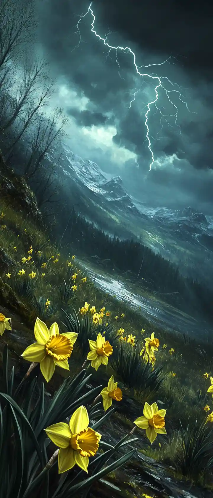 Daffodils In A Garden Under Stormy Lightning