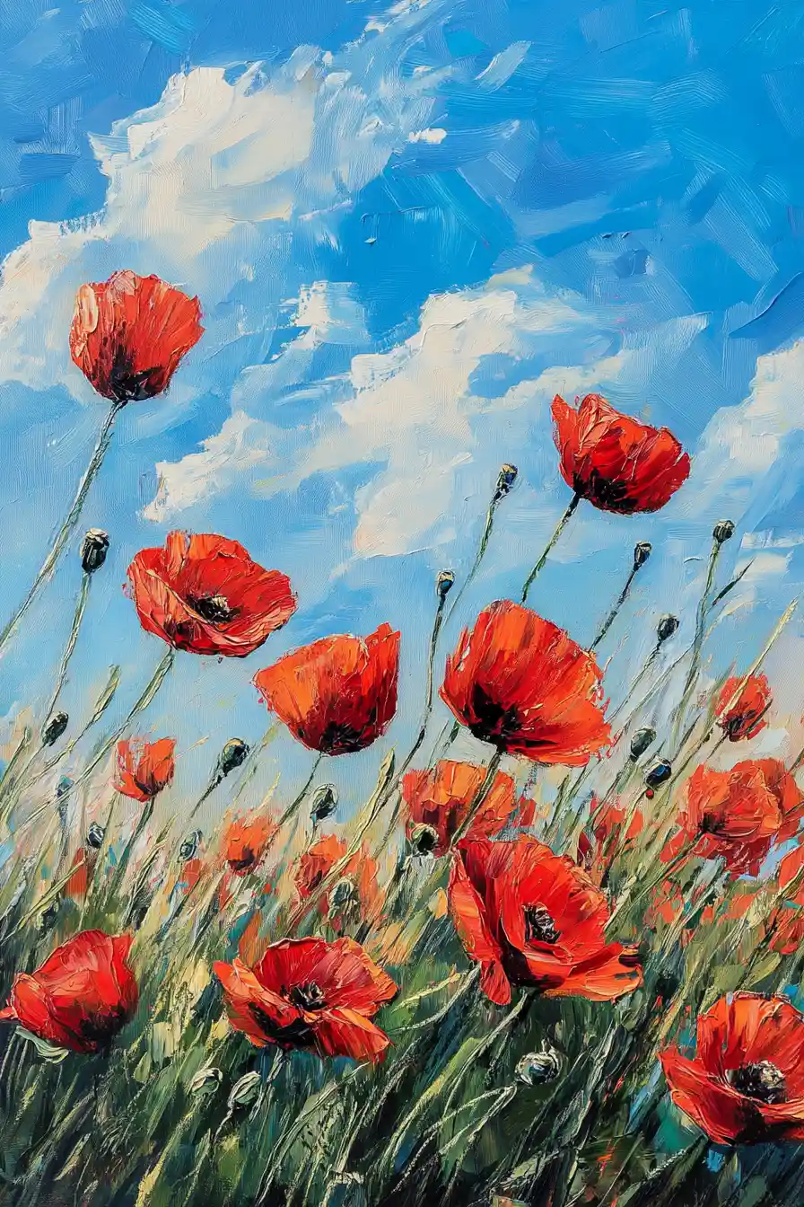 Red poppy field under blue sky acrylic painting