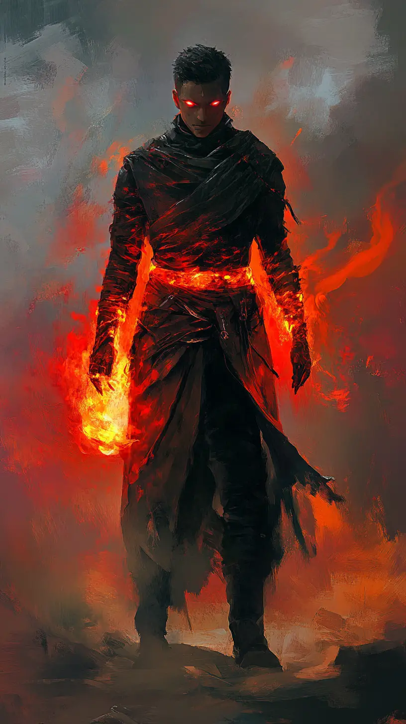 Fire genasi man crawling across a tense city rooftop
