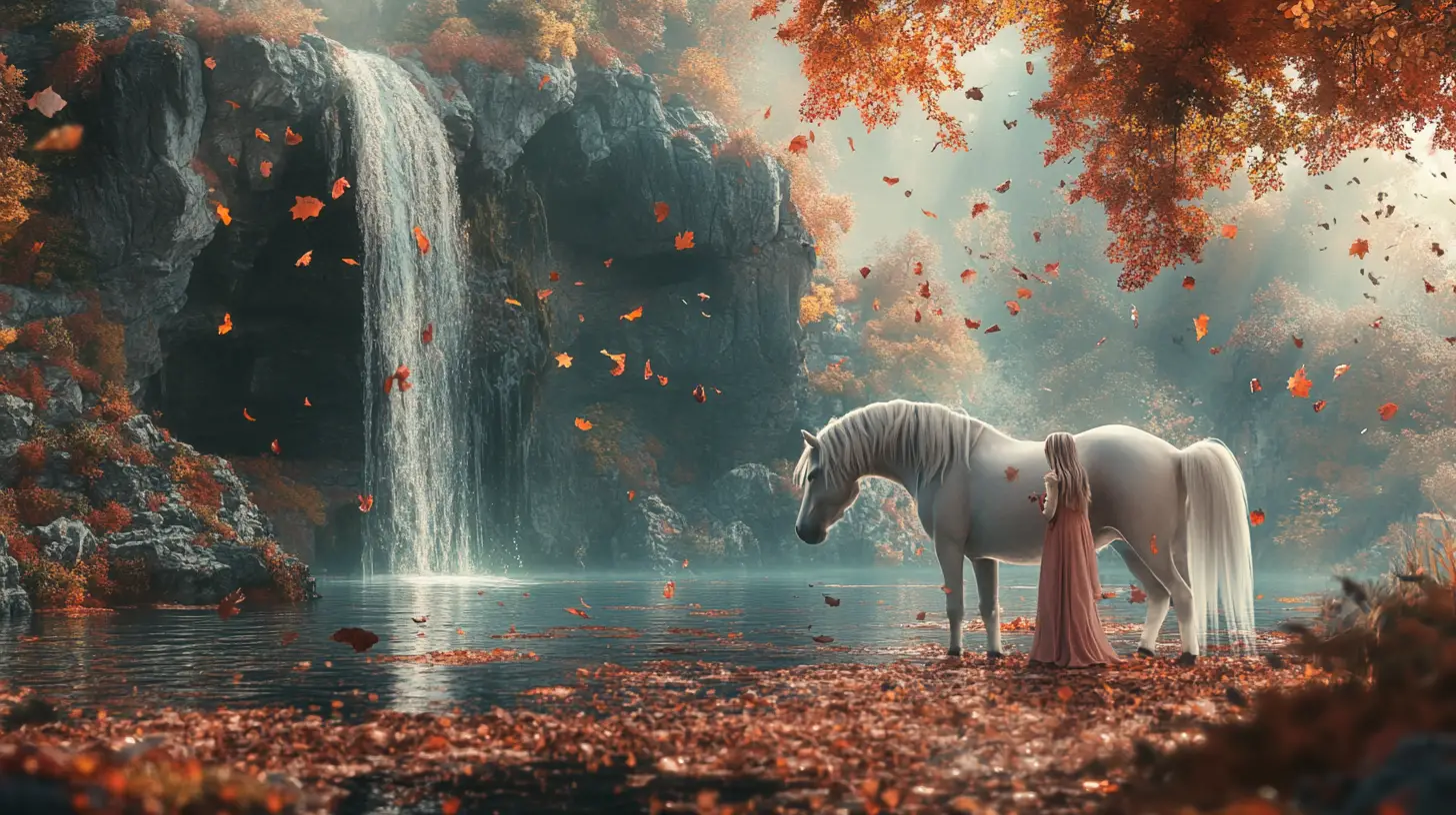 Elf girl by a lake with a waterfall and horse
