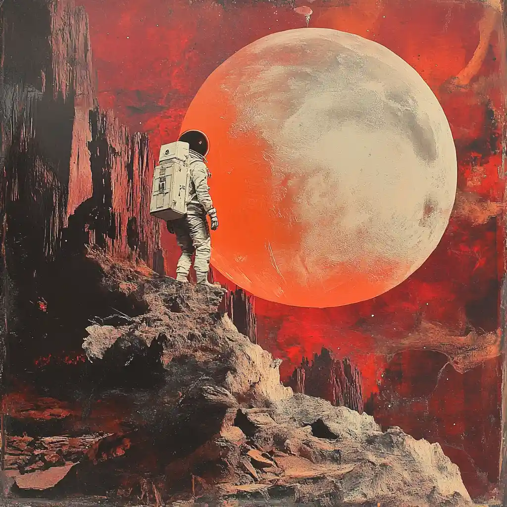 Surreal minimalist woman with astronaut aura in mixed media collage