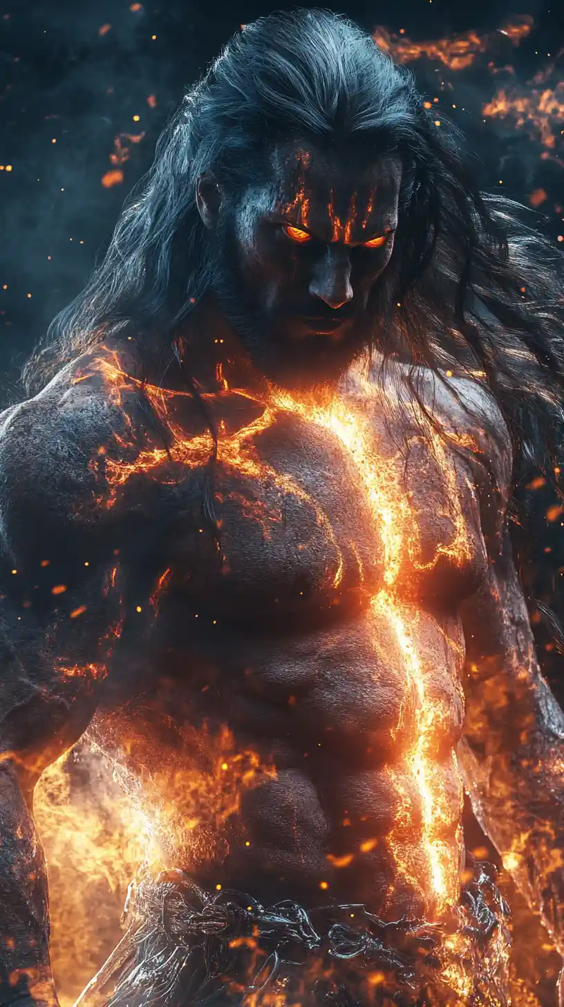 Muscular male necromancer casting a blazing lava beam