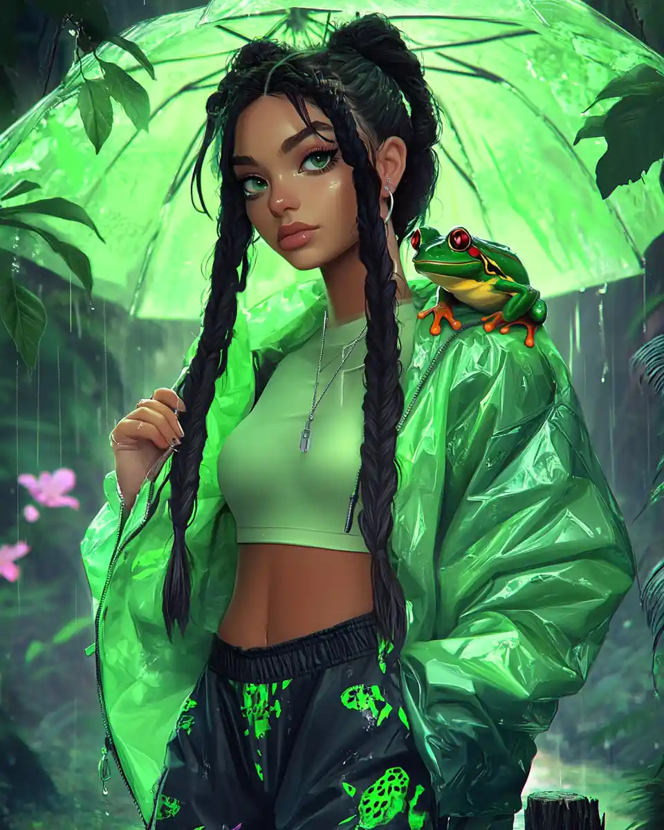 Girl With Green Umbrella In Rainy Forest Puddle