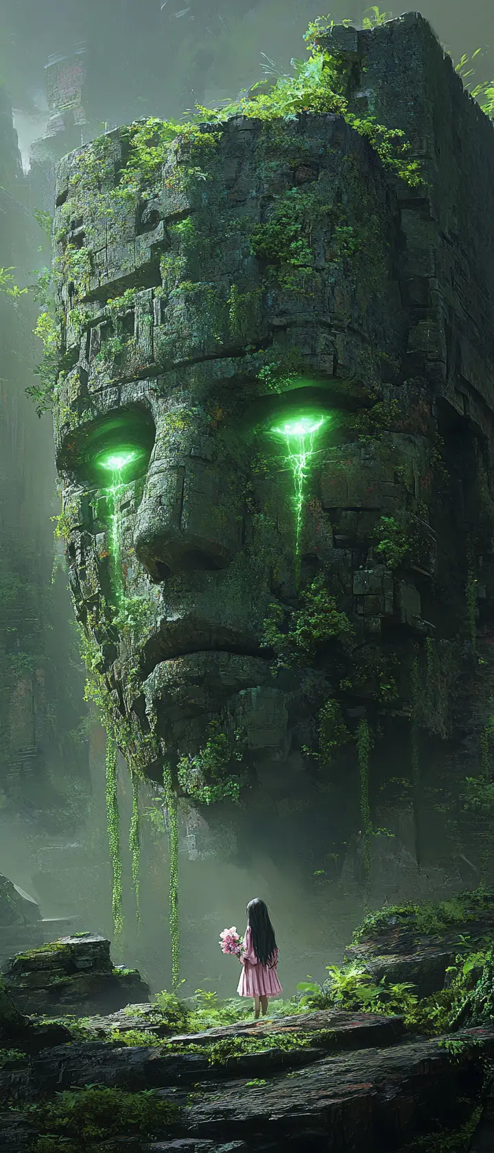 Ancient moss covered stone giant weeping green light