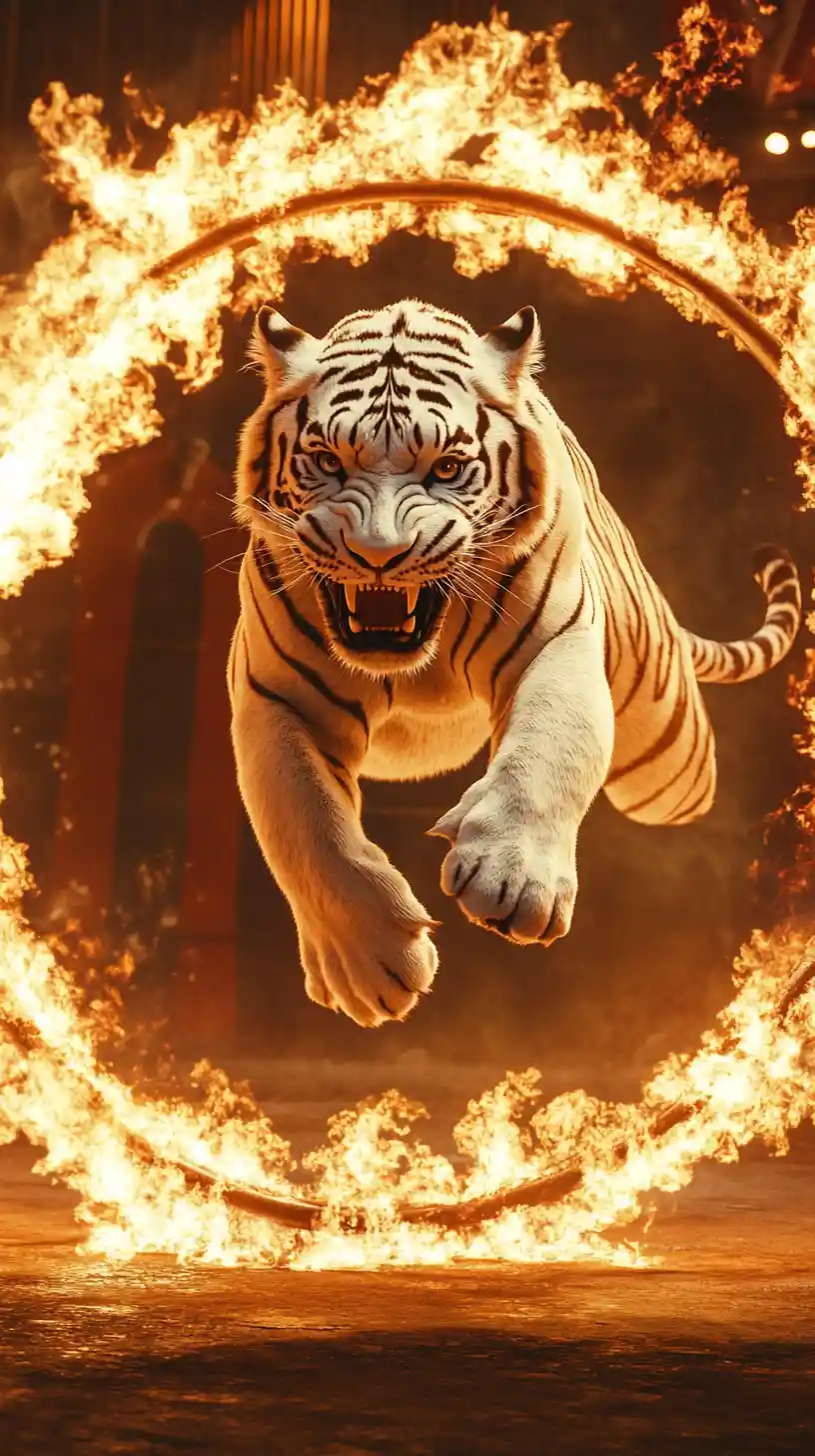 White tiger leaping through a blazing circus ring of fire