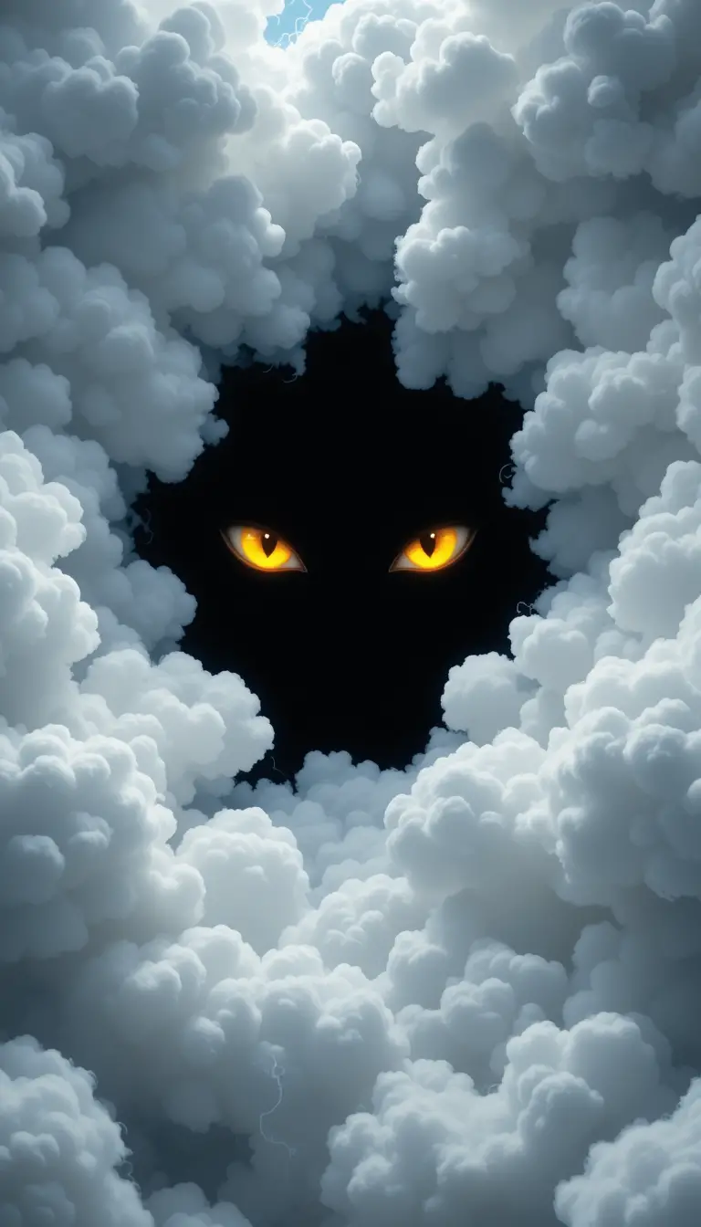 Giant yellow eyes stare from darkness within storm clouds