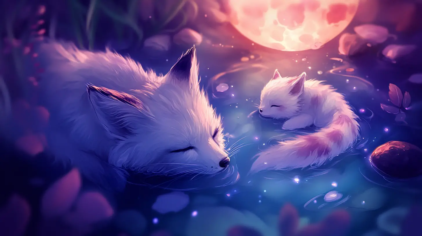 Mystical white fox resting under a glowing full moon