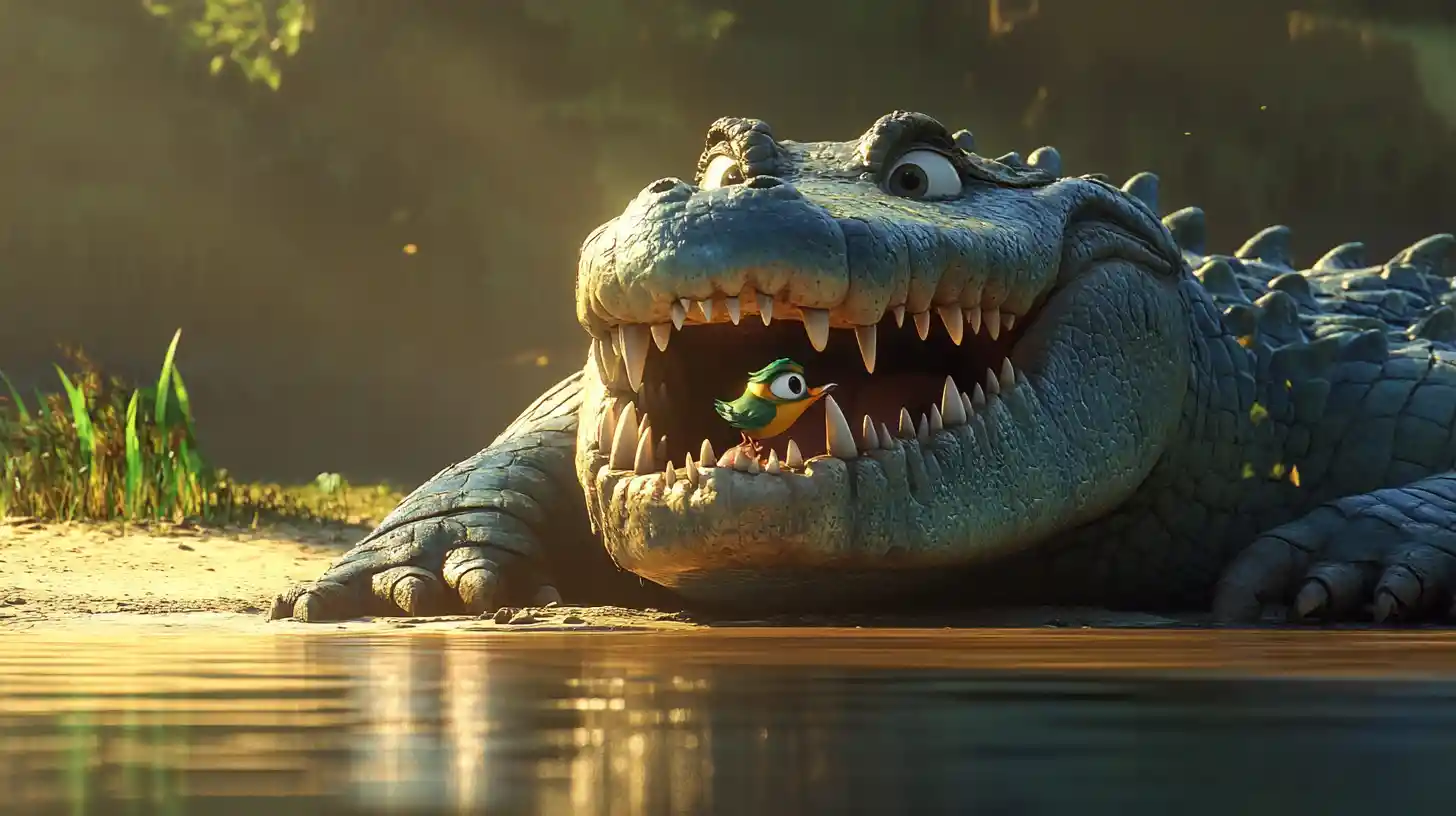 Coccodrillo giocherellone e uccello coraggioso in una scena in stile Pixar