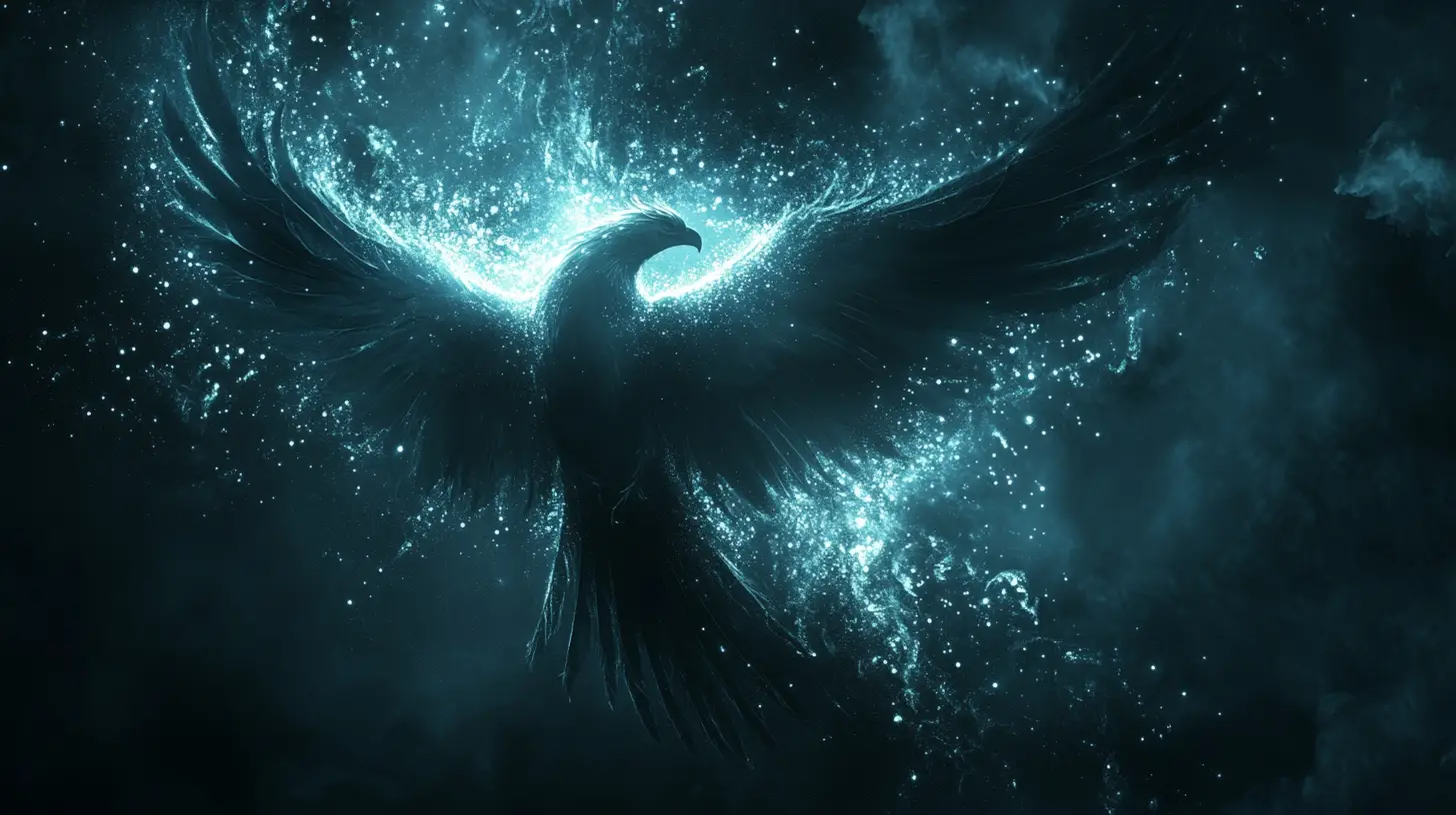 Majestic phoenix flying through glowing particles in space