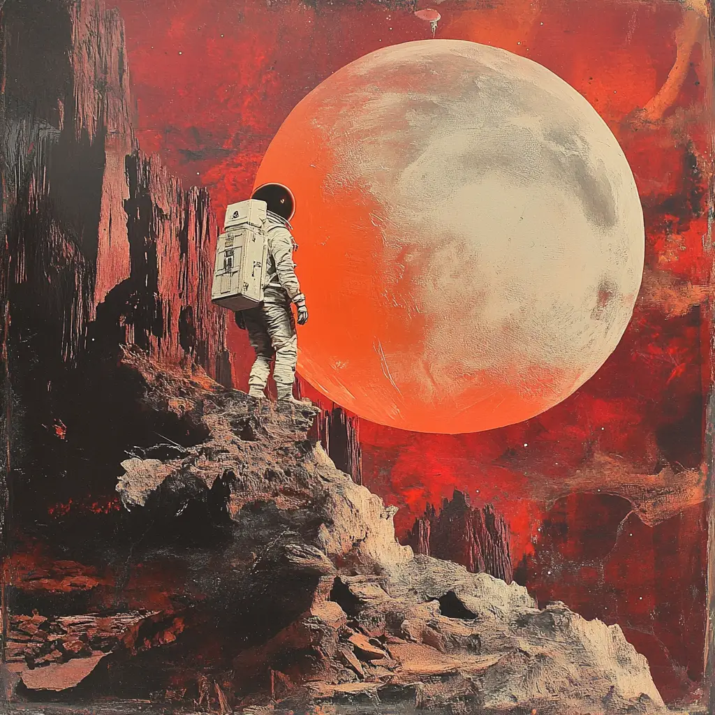 Surreal minimalist woman with astronaut aura in mixed media collage