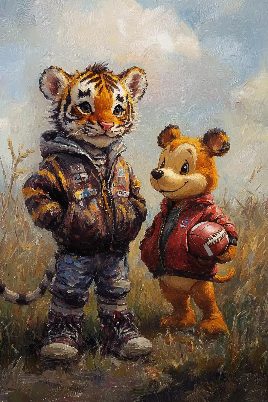 Cute baby tiger and friend in football jackets by field