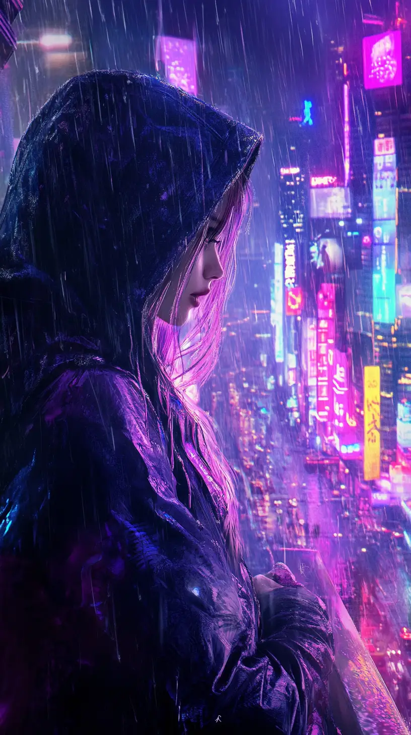 Cyberpunk chick in hooded jacket over neon cityscape