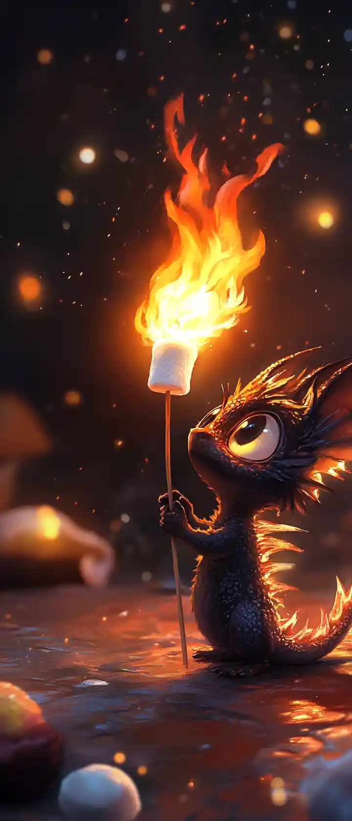Cute chibi pepper dragon sneezing a tiny marshmallow flame
