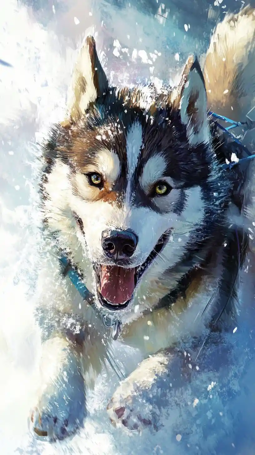 Close up sled dog in a vibrant winter landscape illustration