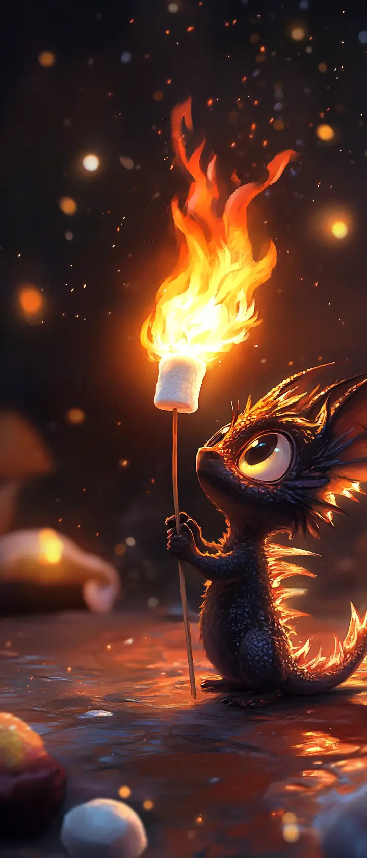 Cute chibi pepper dragon sneezing a tiny marshmallow flame