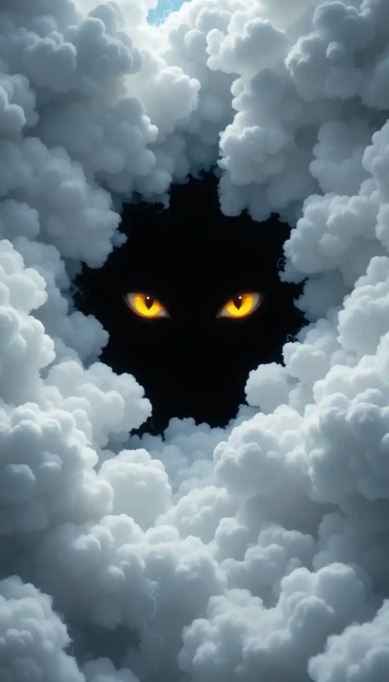 Giant yellow eyes stare from darkness within storm clouds