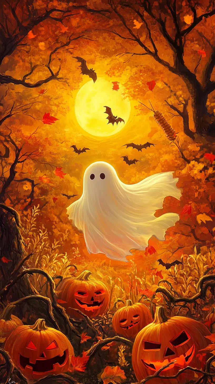 Ghostly spirit among jack o lanterns in autumn woods