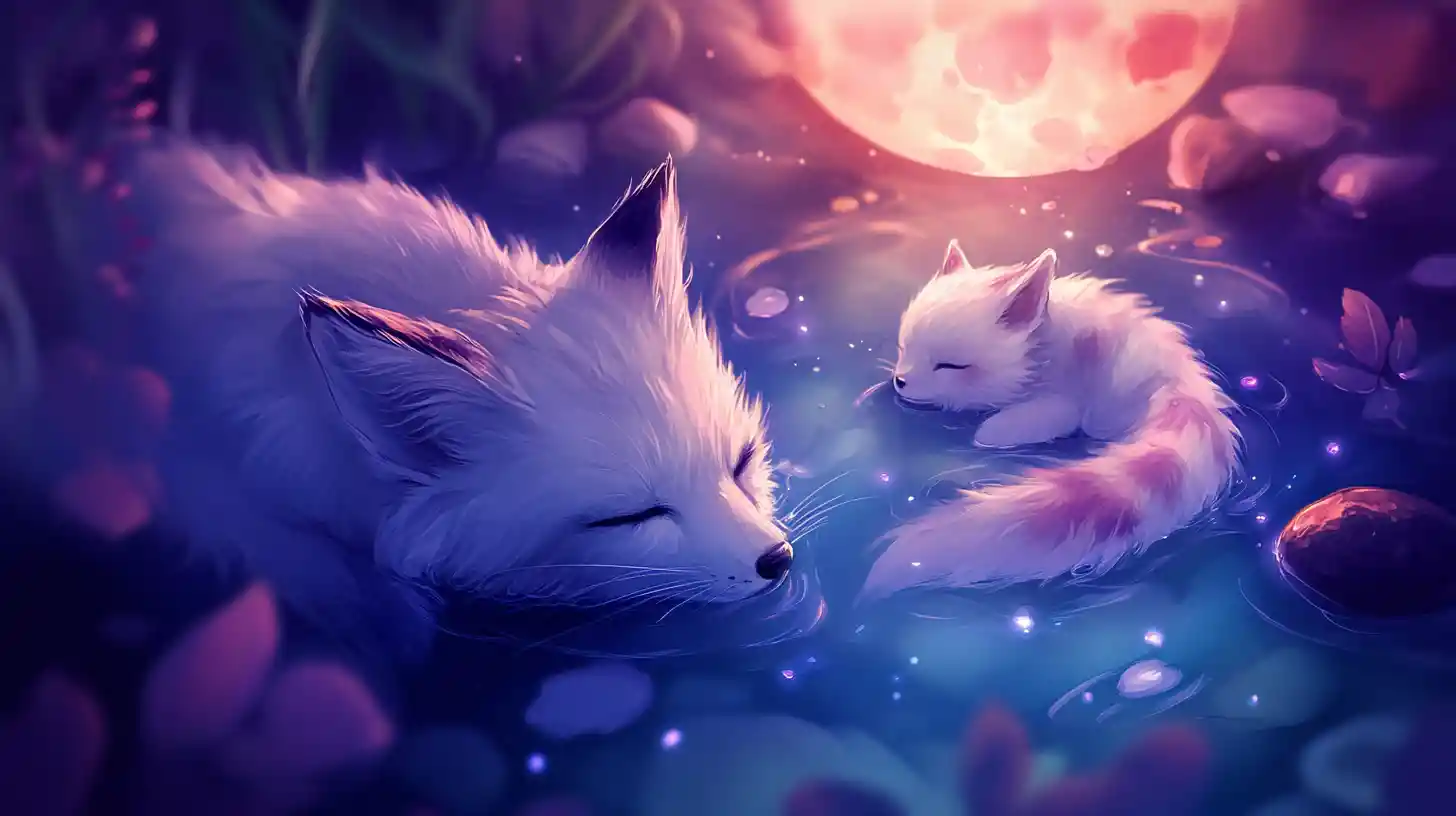 Mystical white fox resting under a glowing full moon