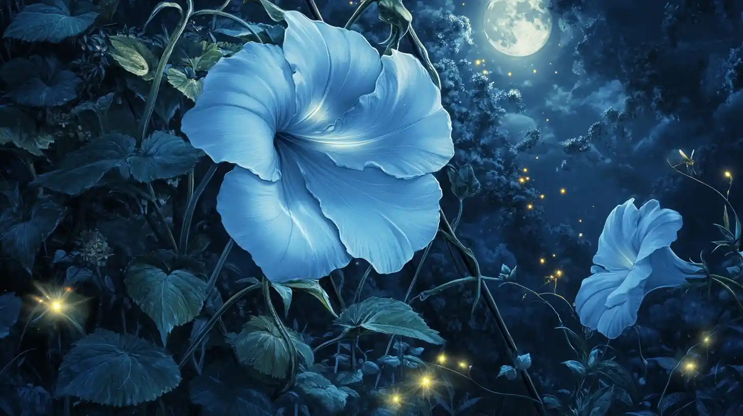 Pale Blue Moonflower Glowing Under Full Moon In Garden