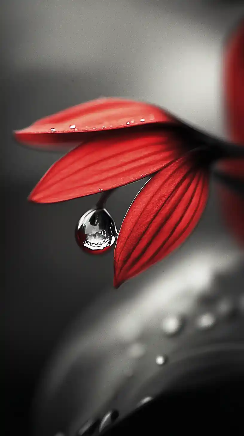 Red flower petal reflected in a raindrop in grayscale world
