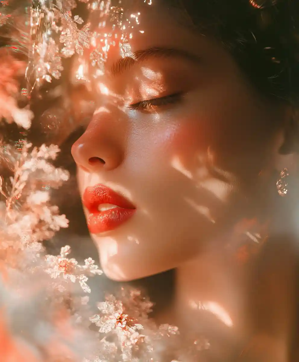 Elegant lady with floral ornaments in artistic fashion portrait