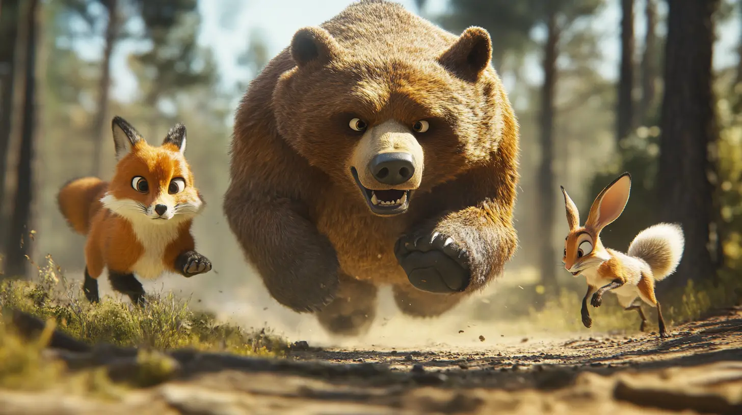 Funny chase line of animals in cartoon 3d style