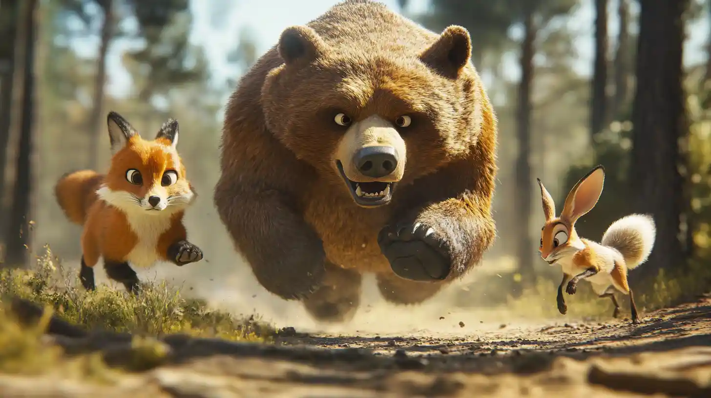 Funny chase line of animals in cartoon 3d style