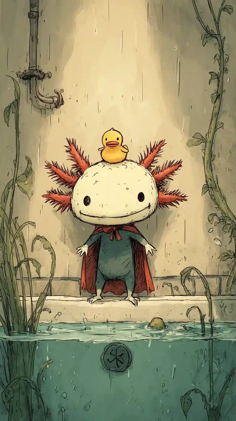 Axolotl Hero With Duck By A Spooky Indoor Pond